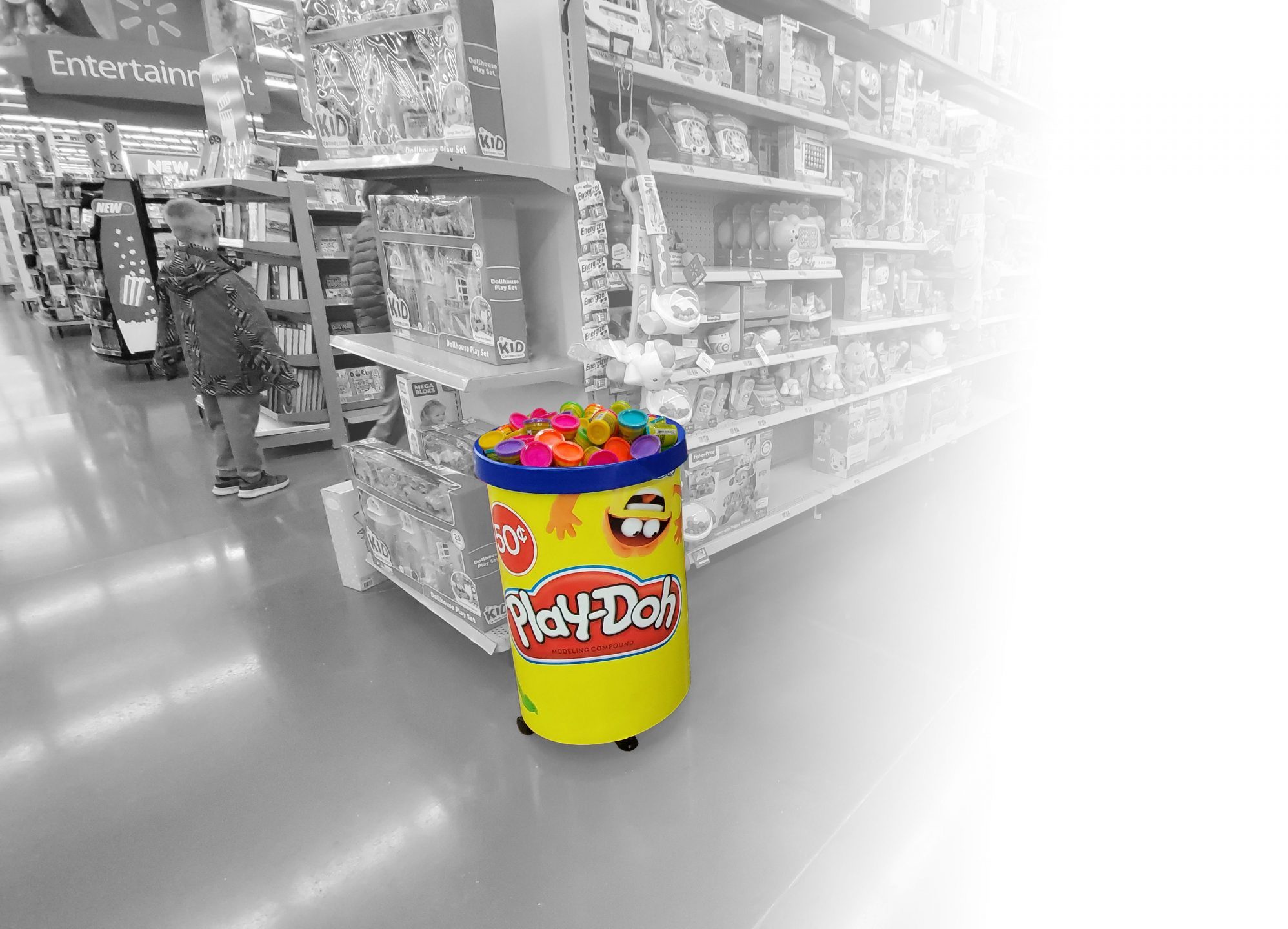Custom wheeled dump bin display for Play-Doh
